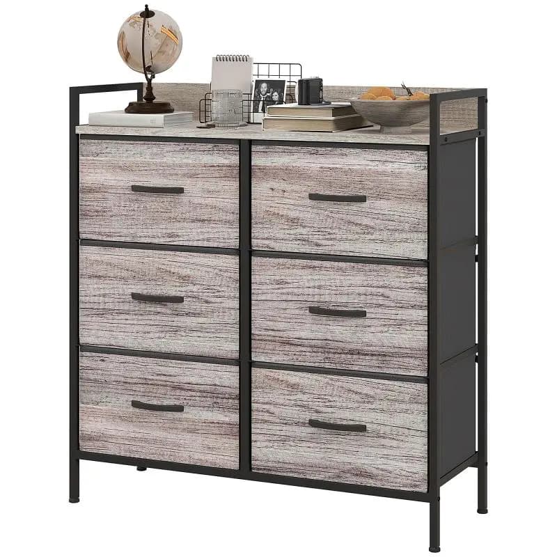 Industrial-Style 6-Drawer Fabric Dresser with Steel Frame – 79 x 29 x 85 cm – Grey