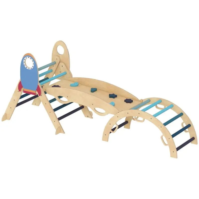 8-in-1 Wooden Montessori Climbing Triangle (Rocket Theme) with Arch and Ramp for Children Aged 18–48 Months – Blue