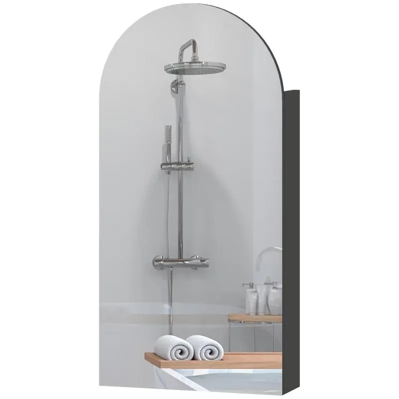 Bathroom mirror cabinet with frameless arched mirror and adjustable glass shelves