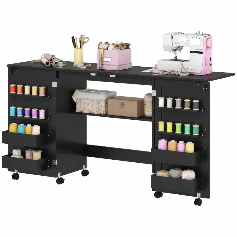 Folding sewing table, sewing cabinet on wheels, 2 magnetic doors, 4 bins, 20 hooks, 160x40x83cm, black