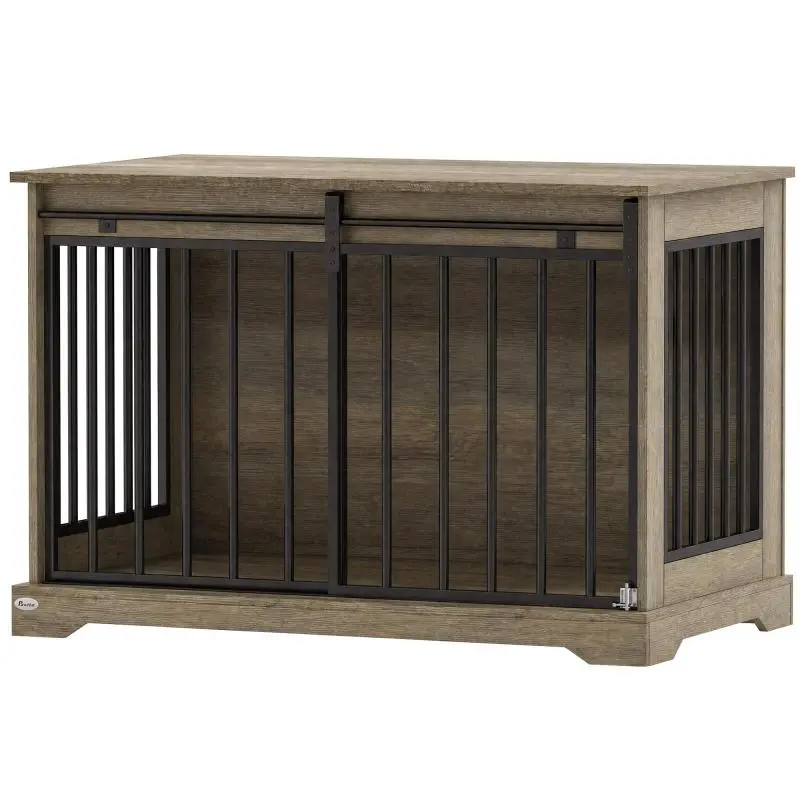 Wooden and Steel Dog Crate with Sliding Door, Side Table, Modern Dog Kennel, 100x60x68cm, Light Gray-Brown
