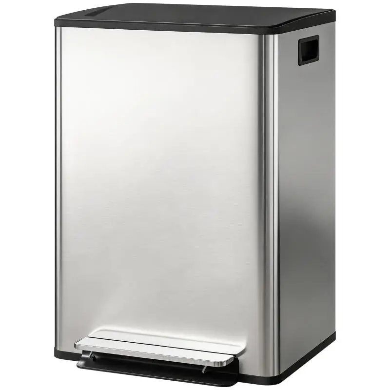 Double-compartment trash can (2 x 30L), kitchen pedal bin, soft-close lid, 47.5 x 37.5 x 67 cm, silver