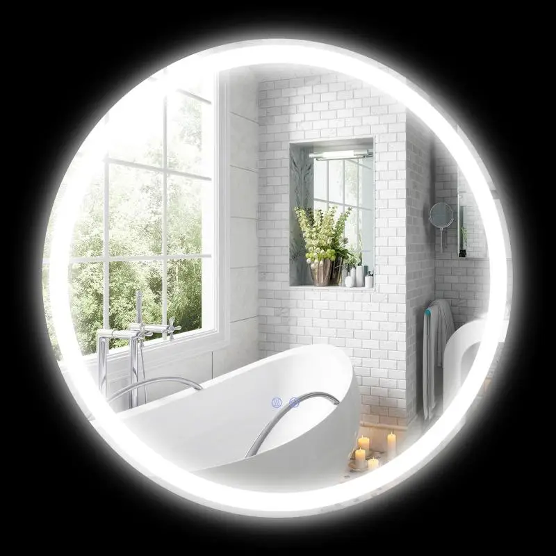 Round LED-illuminated bathroom mirror, Ø 70 cm, wall-mounted, 3-color lighting, touch switch, 23W, white/silver.