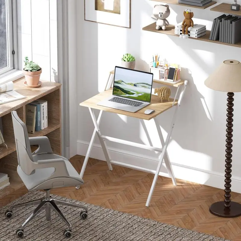 Foldable desk (65.5 x 45 cm) with storage shelf for bedrooms and small spaces – natural wood