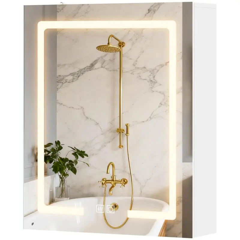 Bathroom wall cabinet with mirror and LED lighting, anti-fog, adjustable shelves, 50 x 15 x 60 cm, white