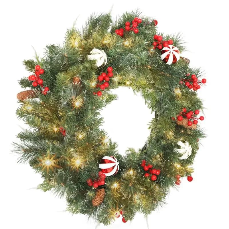 60 cm Light-Up Christmas Wreath with 50 LEDs, Timer, 146 Tips, Pine Cones, Berries, Decorative Baubles, Green