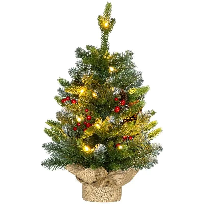 60 cm tabletop Christmas tree with LED lights, 141 tips, pine cones and red berries, concrete base