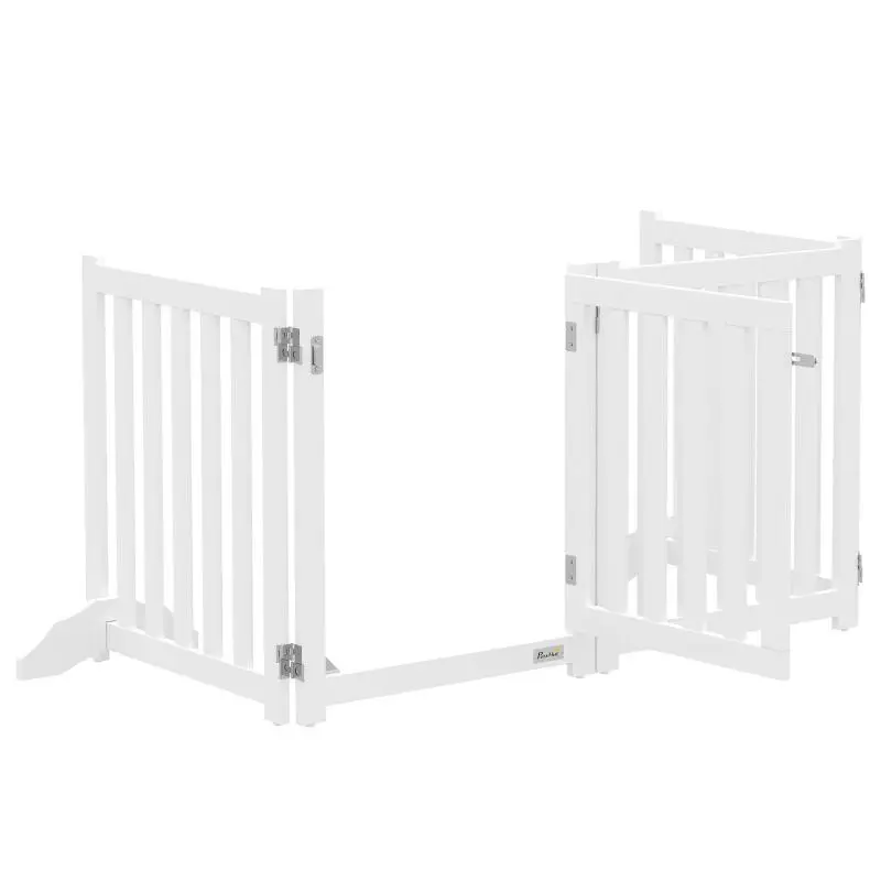 Foldable Wooden Double-Sided Dog Safety Gate, 4 Panels with Door and Support Feet, 205 x 60 cm, White