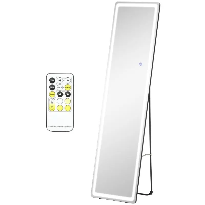 Freestanding or wall-mounted mirror with adjustable intensity and color, includes remote control, 40 x 37 x 157.5 cm (H), silver finish.