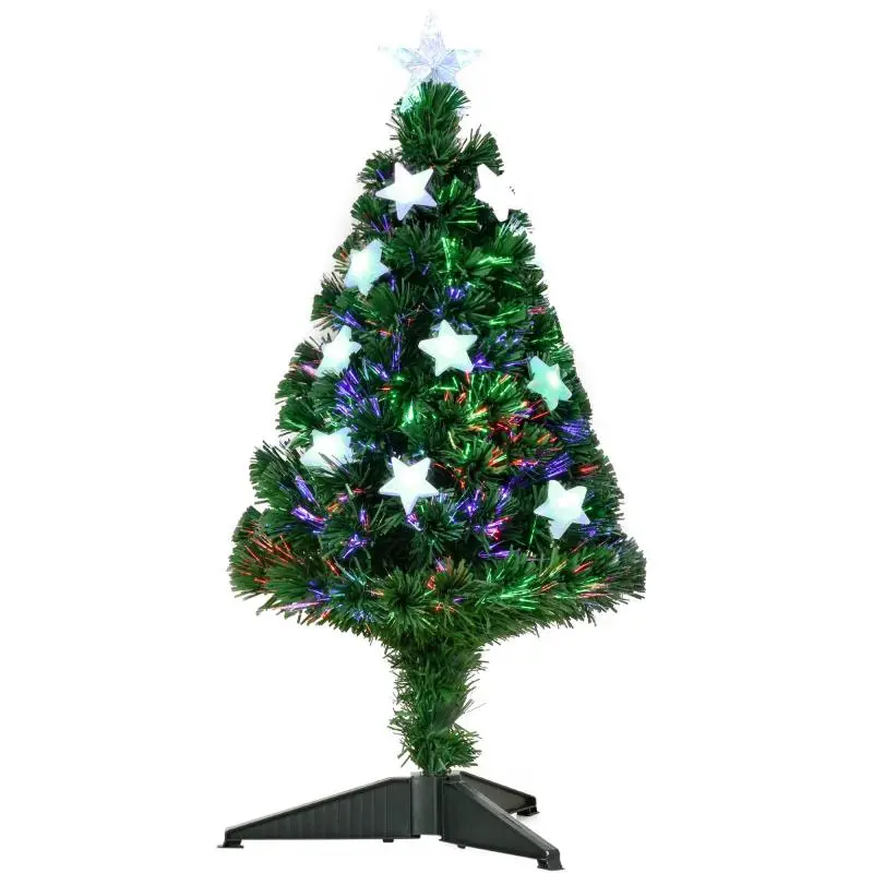 90 cm Pre-lit Artificial Christmas Tree – Fiber Optic & Multicolored LED – Includes Stand – 90 Tips – Shiny Star Topper – Green