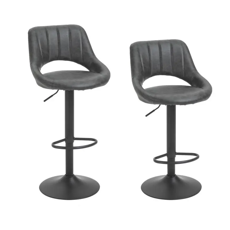 Set of 2 Faux Leather Bar Stools with Adjustable Height and Footrest