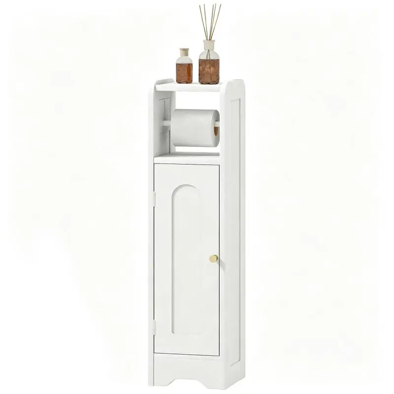 White bathroom or toilet storage unit – narrow, space-saving design with adjustable shelf for small spaces