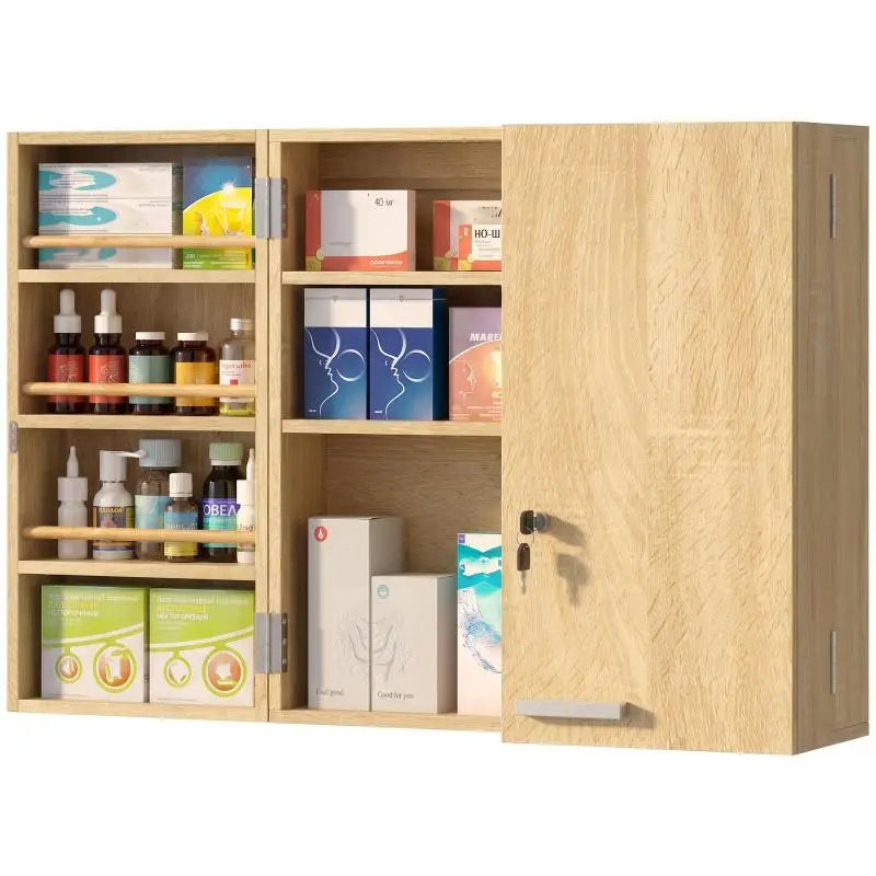 Wall-mounted medicine cabinet, double-door cabinet with lock (2 keys), 53x20x53 cm, oak
