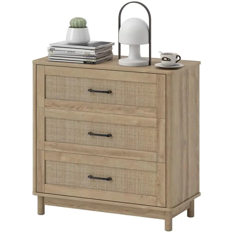 3-Drawer Rattan Chest of Drawers, Storage Unit, Tallboy, Solid Wood Legs, Bohemian Style, 76x35x76cm, Oak