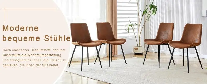 4-Piece Set of Brown Breathable Tech-Fabric Dining Chairs: Modern design featuring a wider seat, backrest, and non-slip metal legs—suitable for home and office.