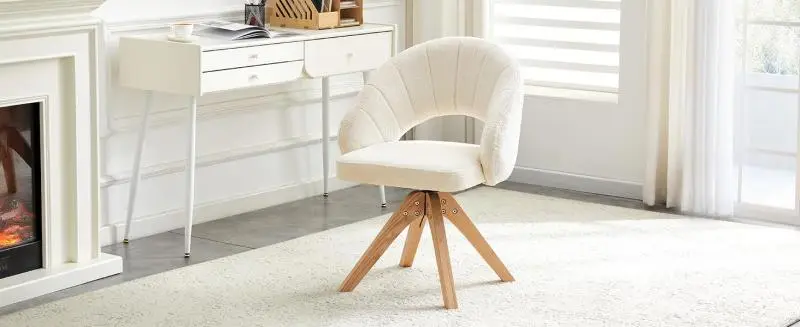 Set of 2 lightweight, retro-style luxury swivel chairs.Textured white fabric and solid wood legs; quiet 360 Degrees swivel function.Curved, enveloping backrest.Suitable for dining rooms and living rooms.