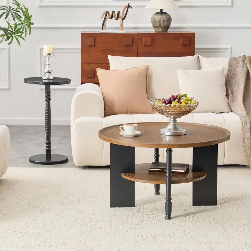 2-piece round coffee table set.Fiberboard with PVC vacuum-press finish;includes an 80 cm coffee table with storage and a 38 cm side table; individually packaged; ideal for living rooms and bedrooms.