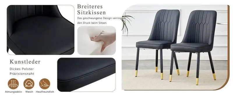 Set of 2 chairs: modern black dining chair featuring a PU leather backrest and black metal legs, suitable for various settings such as the dining room, kitchen, and bedroom.