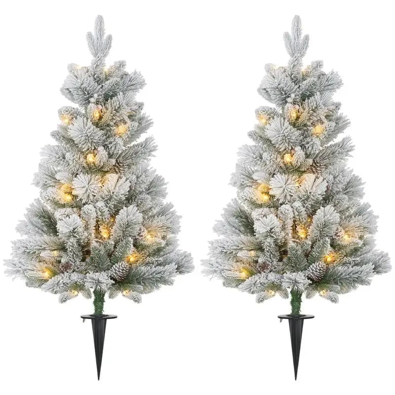 Christmas tree with LED lighting, set of 2, 107 cm, pine cones, red berries, fire-resistant, green/white