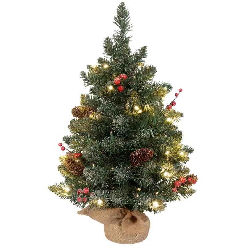 Christmas tree with LED lighting, 60 cm, pine cones and red berries, stand included, green/white