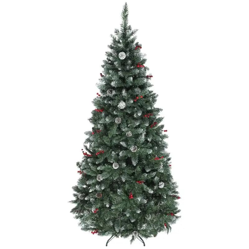 210 cm Indoor Christmas Tree with 928 Tips, Pinecones, and Red Berries, Metal Base, Green