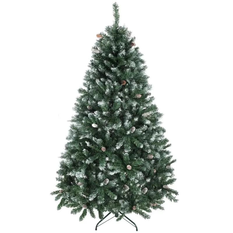 180 cm Tall Flocked Christmas Tree with 910 Tips and Pinecones, Folding Metal Base, Green