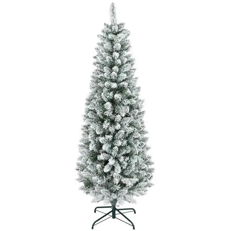 182.88 cm Christmas Tree with 479 Snow-Dusted Branches, Tall and Narrow Design with Foldable Base, Green