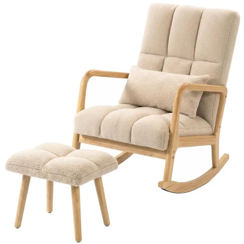 Beige Rocking Chair with Footrest, Wide Seat, and Wooden Legs
