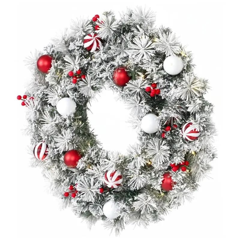 60 cm Light-Up Christmas Wreath – Flocked/Snowy Finish with 50 LEDs, 15 Decorative Baubles, 140 Tips, 8 Modes – Green