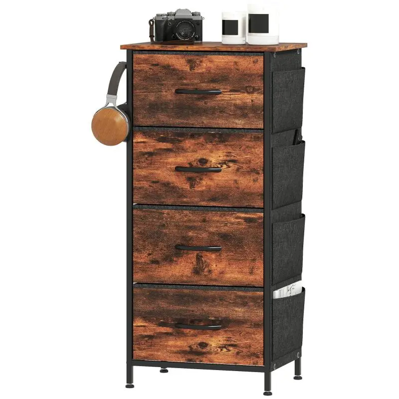 4-Drawer Fabric Chest with 4 Pockets and 2 Hooks – Rustic Brown