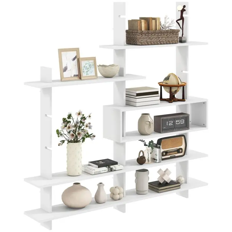 Wall-Mounted Shelf, Geometric Bookcase with 4 Shelves, White