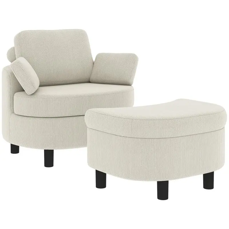 Armchair/Lounge chair with storage ottoman, cream-white cushions