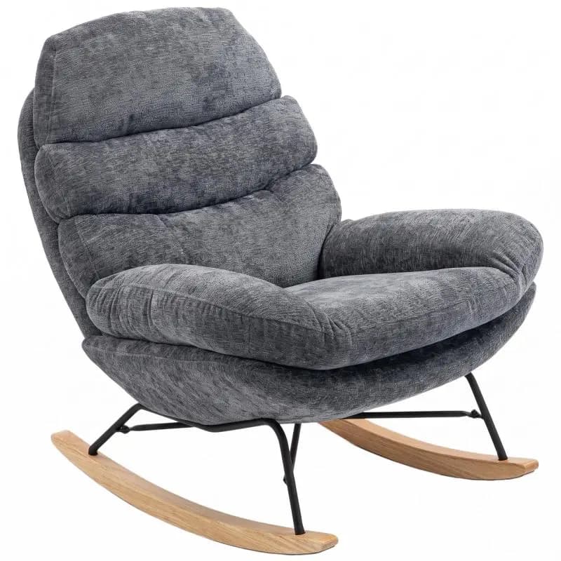 Chenille rocking chair, armchair designed for sitting cross-legged, featuring a dual-layer cushion, soft backrest, and rubberwood base; dark gray.