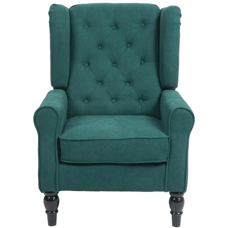 Wingback armchair with armrests, cushion, and tufting, dark green