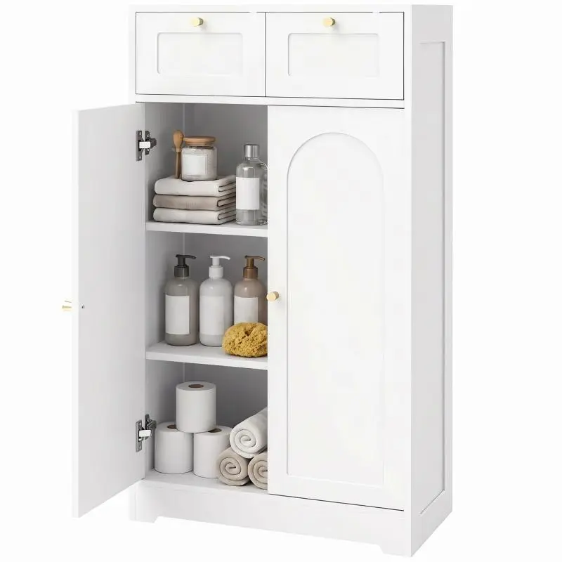 Narrow bathroom cabinet with 2 drawers, 60 x 30 x 108 cm, white