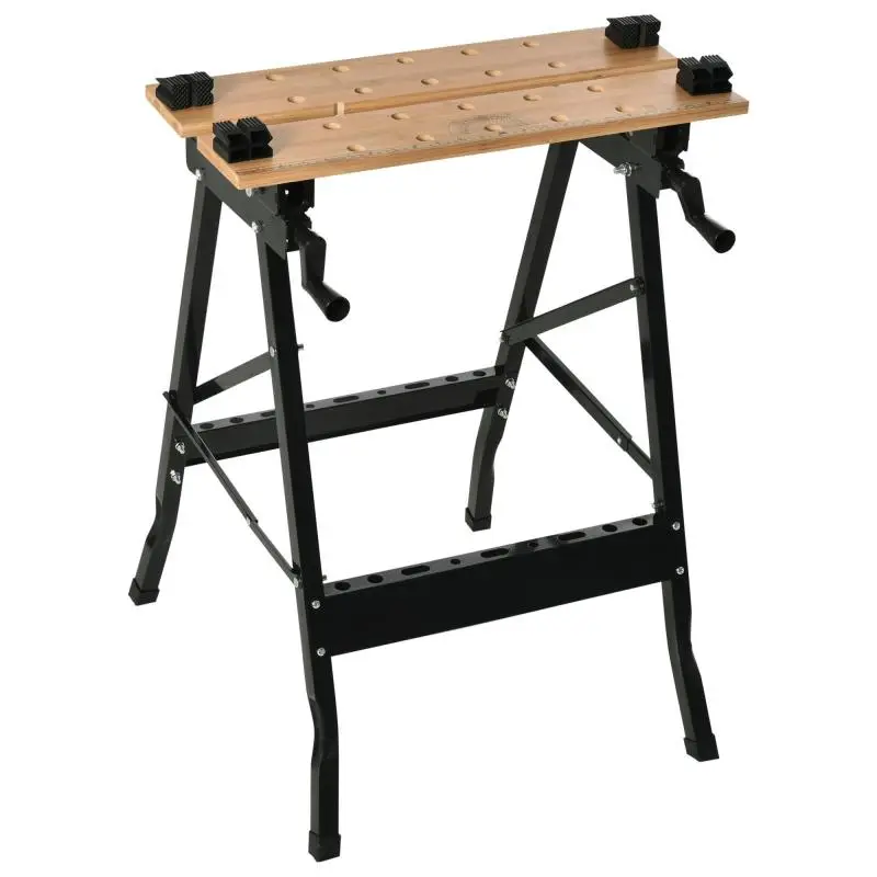 Folding Workbench with 4 Vises, Ruler, and Protractor, 150 kg Load Capacity, Black and Wood