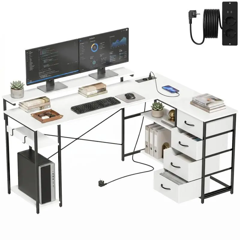 Reversible L-Shaped Desk with 4 Fabric Drawers, 2 Outlets, 2 USB Ports, and Monitor Stand – 155x112 cm – White