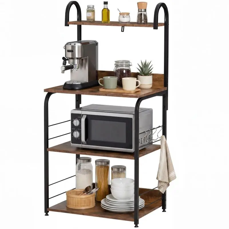 Kitchen Shelf, Freestanding Unit with 3 Shelves and 4 Hooks, Microwave Stand for Kitchen and Dining Room, Rustic Brown, 60 x 40 x 125 cm