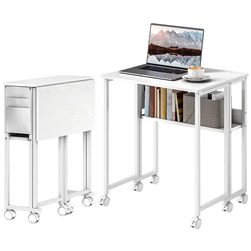Foldable desk, convertible into a side table, open shelf