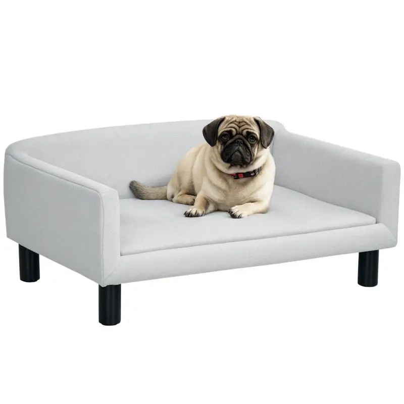PawHut Velvet Dog Sofa/Bed/Couch with Backrest and Wooden Legs – Suitable for Medium-Sized Dogs (Also for Cats) – 82 x 54 x 36 cm – Light Grey