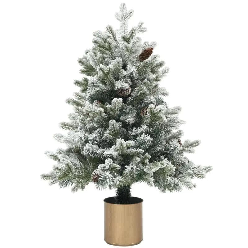 Snow-dusted Christmas tree with pine cones, flame-retardant, stable, Ø60 x 100 cm (H), green/gold
