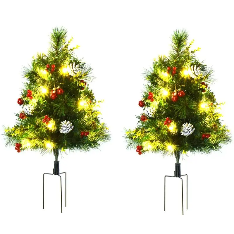 Set of 2 Christmas trees, artificial mini Christmas tree with LED lights, plastic, metal, Ø33 x 75 cm, green