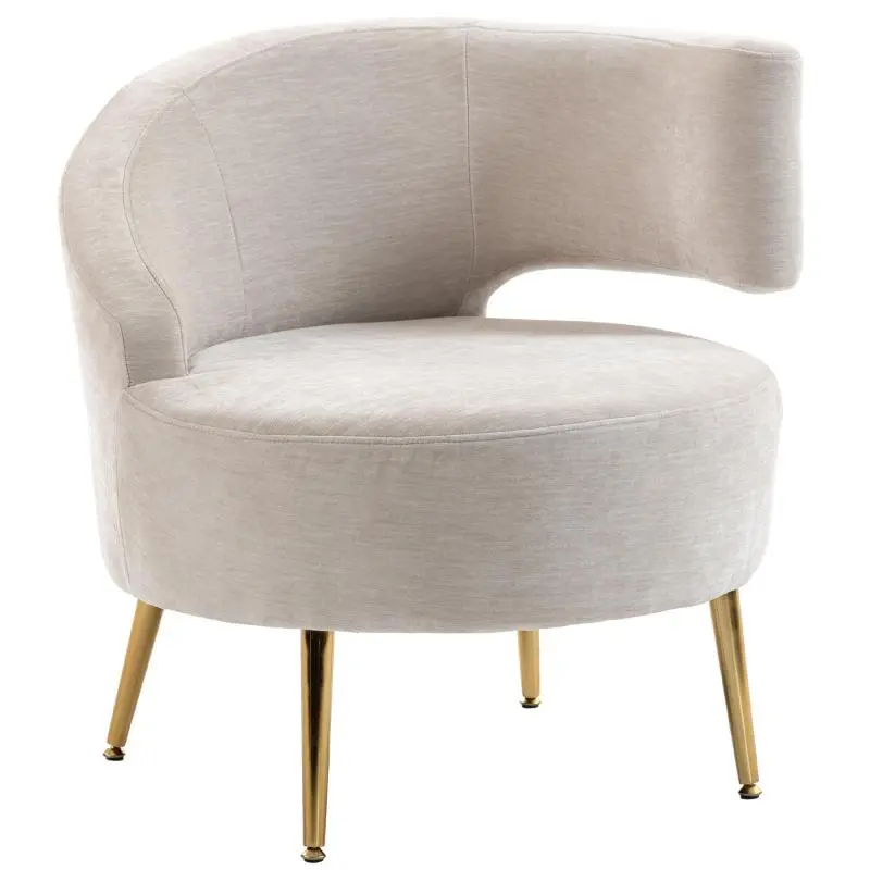 Lounge Chair with Chenille-Look Finish, Slanted Backrest, and Gold Steel Legs for Living Room – Cream White