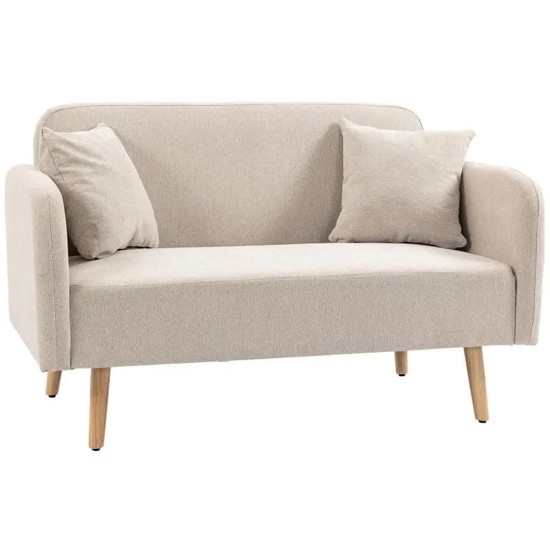 2-Seater Sofa, Modern Design, Incl. 2 Cushions, Wooden Legs, 130 x 70 x 80 cm, Cream