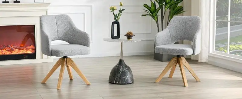 Set of 2 swivel chairs in a light, luxury retro style.Textured light-grey fabric and solid wood legs; 360 Degrees swivel function.Suitable for dining rooms, living rooms, and a variety of settings.