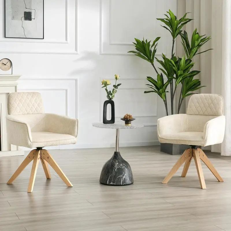 Set of 2 swivel Wabi-Sabi dining chairs (360 Degrees rotation).Cream-white diamond-patterned fabric, solid wood legs with a square support structure; suitable for open-plan kitchens, offices, etc.