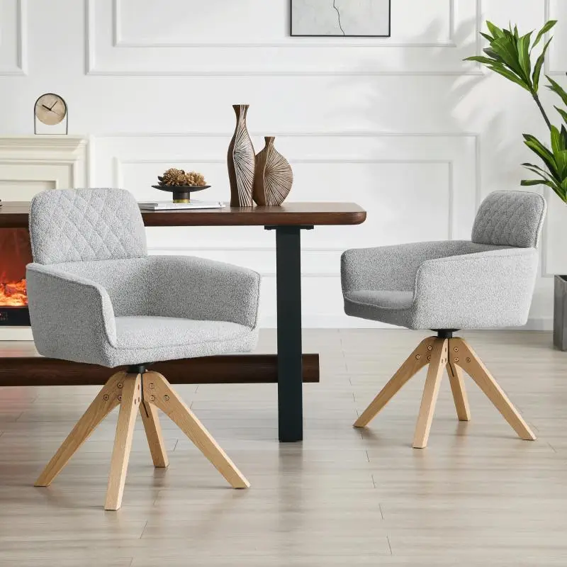 Set of 2 swivel Wabi-Sabi dining chairs (360 Degrees rotation) – grey diamond-patterned fabric, solid wood legs with a square support structure; suitable for open-plan kitchens and Nordic interior styles.