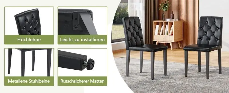 Set of 4 dining chairs in pure black – understated luxury.The top choice for European dining areas, featuring black metal legs for versatile styling options.