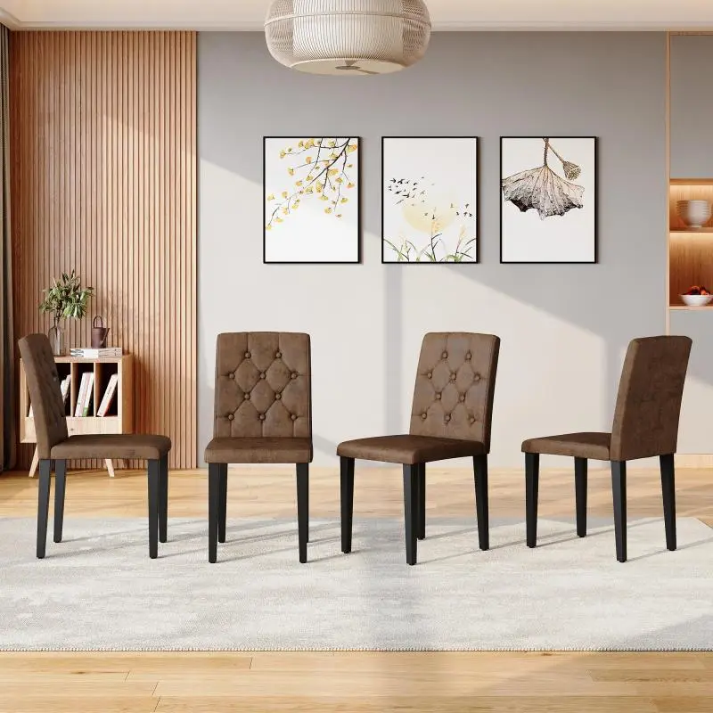 Set of 4 dining chairs in retro brown with a synthetic fabric featuring a velour look.An ideal choice for European dining areas, with black metal legs offering versatile styling options.