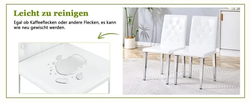 Set of 4 dining chairs in pure white with high-gloss silver – understated luxury.The top choice for European dining areas. Silver-colored metal legs offer versatile styling options.